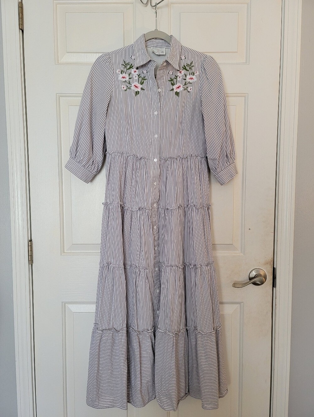 Dainty Jewells Tiered Maxi Shirt Dress With Embroidered Bodice
